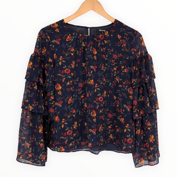 Madewell Tiered Ruffle-Sleeve Top in Climbing Vine Navy Floral size Small - Picture 3 of 14